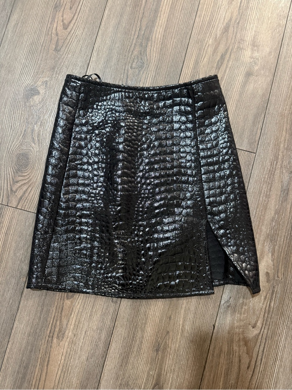 Motel Rocks Pelma Faux Croc Mini Skirt Black Side Slit XXS Y2K